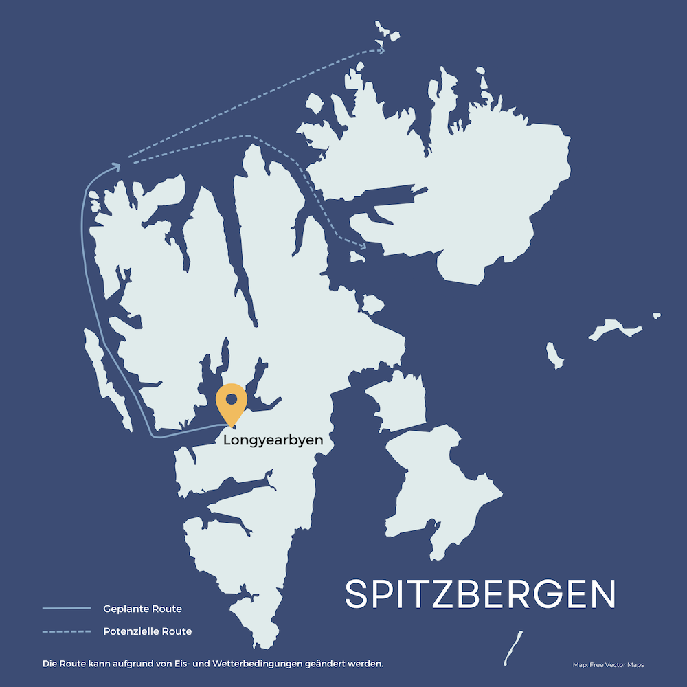 Route der 14-tägigen Schiffsexpedition mit der SV Meander auf Spitzbergen
