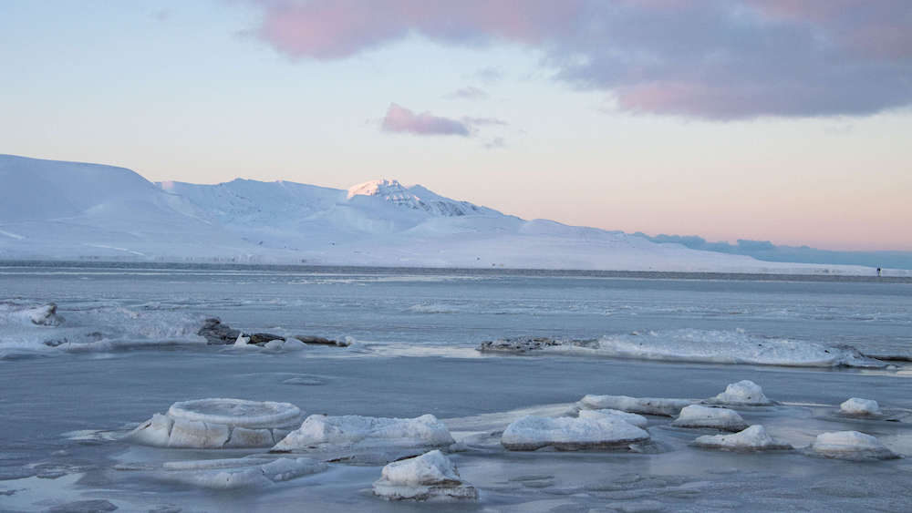 Ice field in front of Bergen during the blue hour on Svalbard
