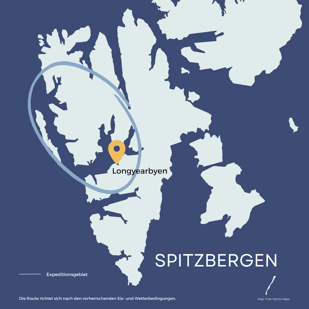 Karte, die das Expeditionsgebiet der Schiffsexpedition mit der SV Meander zeigt